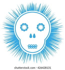Comic schematic skull. Flowers, abstract black background. Isolated.