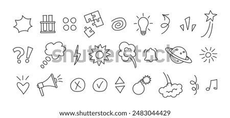 Comic school element, cute scribble, doodle line icon. Sketch clouds, hand drawn education sticker outline design, cartoon movement symbol, simple expression mark. Child vector illustration