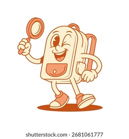 Comic schoolbag back to school cartoon character with magnifying glass isometric vector illustration. Smiling backpack bag pupil education minimalist mascot science learning searching knowledge