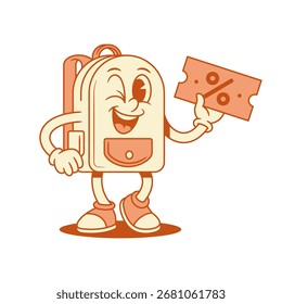 Comic schoolbag back to school cartoon character shopping sale isometric vector illustration. Funky smiling backpack bag pupil studying minimalist mascot shop store discount Black Friday