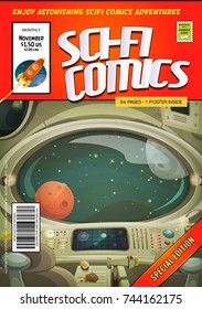 Comic Scifi Book Cover Template/
Illustration of a cartoon editable sci-fi comic book cover template, with rocket ship flying, and spaceship interior