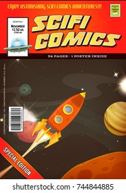 Comic Scifi Book Cover Template/
Illustration Of A Cartoon Science Fiction Comic Book Cover Template, With Rocket Ship Flying Into Space Landscape