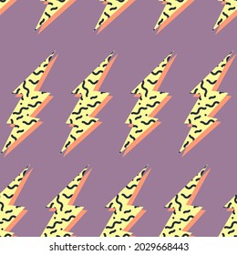 Comic seamless pattern with lightning bolts. Colorful vector design on the violet backdrop. Block print technique. Repeatable illustration.