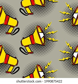 Comic Seamless Pattern With Shout In Popart Style. Cartoon Background For Announcements, Promotions, Events, Alerts. Vector Megaphone Illustration.