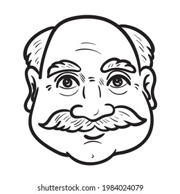 cómic senior con cabeza calva y bigote. monocromo, contorno.