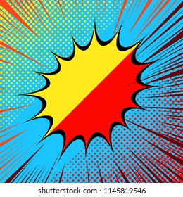 Comic separated bright concept with dividing speech bubble yellow and red rays halftone humor effects on blue background. Vector illustration