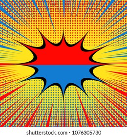 Comic separated bright template with speech bubble, halftone, rays humor effects in red and blue colors on yellow background. Vector illustration