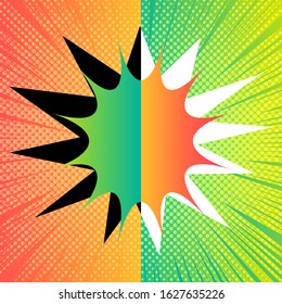 Comic separated concept of orange and green sides of composition with speech bubble rays halftone effects. Vector illustration