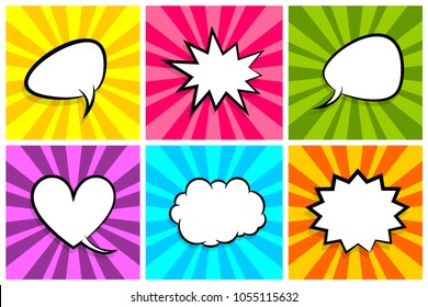 Comic set radial lines background pop art style vector. Cartoon colored sound bubble speech box for phrase text. Expression balloon sounds illustration. Advertice template. Comics book explosion.