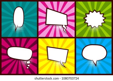 Cómic conjunto líneas radiales fondo estilo de arte pop vectorial. Cuadro de diálogo de burbuja de sonido coloreado con dibujos animados para texto de frase. El globo de expresión suena a ilustración. Plantilla de publicidad. Explosión de historietas.