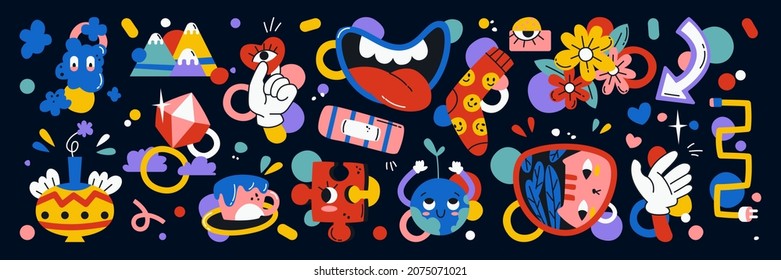 Comic shape cartoon doodles, funny faces and abstract patterns, objects and flowers. Vector mountains, food and puzzles, hearts and cute characters, eyes, clouds and socks. Diamond and socket plug