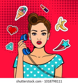 Comic shocked girl. Pop art shocked pinup woman with phone with cool stickers around head retro vector illustration