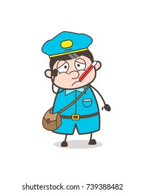 Comic Sick Postman with Fever-Thermometer in Mouth


