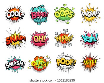 Comic sign clouds. Boom bang, wow and cool speech bubbles. Burst cloud expressions, comics mems humor dialogue bubbles or superheroes speak explode. Isolated cartoon vector signs set