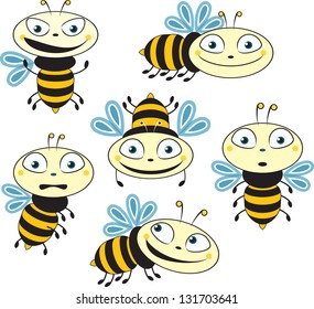 Comic silhouettes flying bees. different emotions.