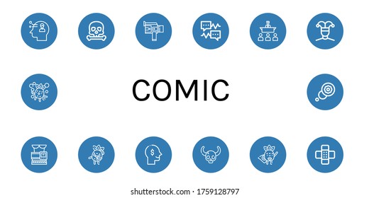 comic simple icons set. Contains such icons as Thinking, Skull, Super, Speech bubble, Speech, Buffoon, Slimming belt, Zombie, Superhero, Patch, can be used for web, mobile and logo