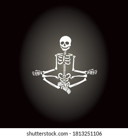 Comic Simplified Skeleton Sitting or Levitating Crossed Legs Hand on Knees Yoga Relaxed Asana or Position Halloween Holidays Template - White on Black Background - Vector Contrast Graphic Design