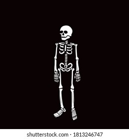 Comic Simplified Skeleton Standing with His Hands by His Sides Relaxed Pose Single Brush Stroke Style Halloween Holidays Template - White on Black Background - Vector Contrast Graphic Design