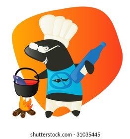 Comic situation. Shark cook eating fish. Preparing the lunch. Sharky shark with sun-glasses and cooking hat.