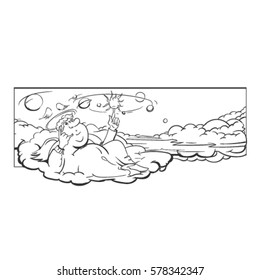 comic sketch of the god in the clouds on a background of sky and space planets