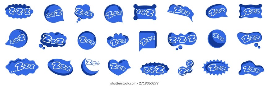 Bolhas de fala de sono cômico com símbolos zzz. Ícones de sonho de desenhos animados para noite de descanso e relaxamento
