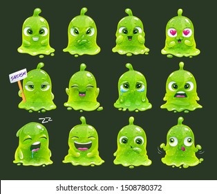 Comic slimy aliens. Funny cartoon green slime characters. Jelly monsters with different emotions on their faces. Vector stickers for mobile messengers.