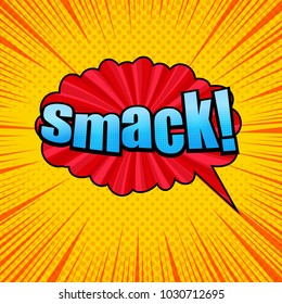 Comic Smack wording template with blue inscription, red speech bubble, radial, dotted and rays effects on orange background. Vector illustration