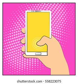 Comic smartphone phone with halftone shadows. Hand holding smartphone. Pop art retro style. Flat design. Vector illustration eps 10