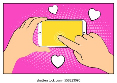 Comic smartphone phone with halftone shadows. Hand holding smartphone. Pop art retro style. Flat design. Vector illustration eps 10