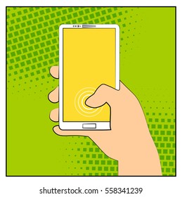 Comic smartphone phone with halftone shadows. Hand holding smartphone. Pop art retro style. Flat design. Vector illustration eps 10
