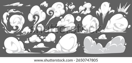 Comic smoke cloud effects collection - white puffs, swirls, explosions and dust clusters on gray background. Cartoon motion graphics for action scenes, speed lines, impact bursts in manga style.
