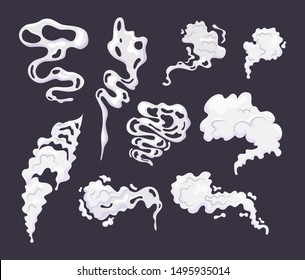 Comic smoke cloud set. Smoking cartoon steam clouds with motion sprite speed. Resembling on game comic shot, puff mist, smoking cigarette cofee steam. Vector illustration on dark background