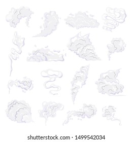 Comic smoke cloud set. Smoking cartoon steam clouds with motion sprite speed. Resembling on game comic shot, puff mist, smoking cigarette cofee steam. Vector illustration on dark background