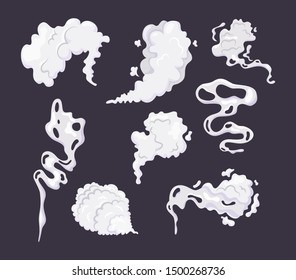 Comic Smoke Cloud Set. Smoking Cartoon Steam Clouds With Motion Sprite Speed. Resembling On Game Comic Shot, Puff Mist, Smoking Cigarette Cofee Steam. Vector Illustration On Dark Background