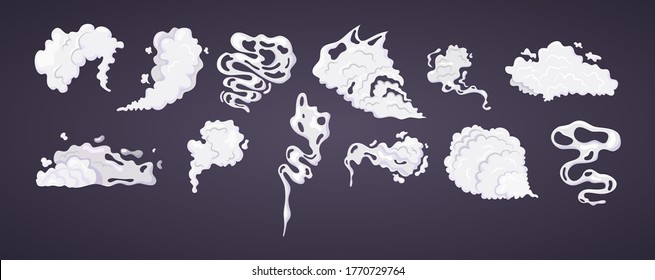 Comic Smoke Cloud Set. Smoking Cartoon Steam Clouds With Motion Sprite Speed. Resembling On Game Comic Shot, Puff Mist, Smoking Cigarette Cofee Steam. Vector Illustration On Dark Background