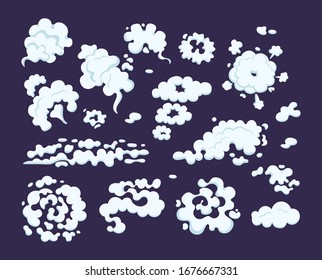 Comic Smoke Cloud Templates. Smoking Cartoon Steam Clouds, Smoke From Cigarettes, Fire, Fog, Smoking Cigarette Cofee Steam. Vector Illustration Isolated.