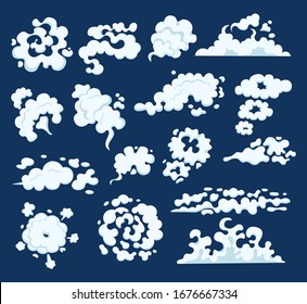 Comic Smoke Cloud Templates. Smoking Cartoon Steam Clouds, Smoke From Cigarettes, Fire, Fog, Smoking Cigarette Cofee Steam. Vector Illustration Isolated.