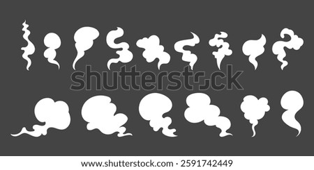 Comic smoke, fume flows, dust wind silhouettes set. Cofee, tea, soup steaming collection. Hand drawn vector illustration.