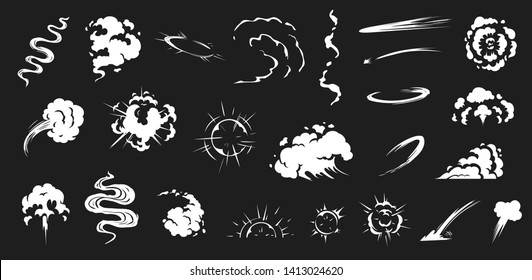 Comic smoke. Smoke puffs vfx, energy explosion effect and cartoon blast vector illustration set