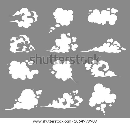 Comic smoke. Smoke puffs vfx, energy explosion effect. Comic energy explosion. Bomb dynamites detonators. Smoke clouds, puff, mist, fog effects template