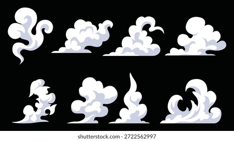 Conjunto de humo cómico. Explosión de energía cómica. Nubes de Smoke, soplo, niebla, efectos de niebla Plantilla	
