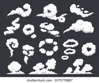 Comic Smoke. Swirling Clouds, Puff Of Wind, Steam, Smog, Dust, Fog. Smoking Vapors, Fire Smokes Explosion Blast Cloud Effect Cartoon Vector Set. Fume Trails, Cigarette Rings And Swirls