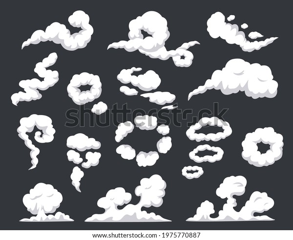 Comic\
smoke. Swirling clouds, puff of wind, steam, smog, dust, fog.\
Smoking vapors, fire smokes explosion blast cloud effect cartoon\
vector set. Fume trails, cigarette rings and\
swirls