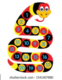 Comic snake with numbers and colors. Illustration of a board game shaped like a viper. Vibora smiles with his tongue out on a white background. Green snake character