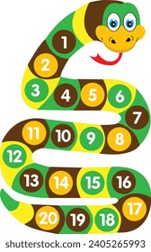 Comic snake with numbers and colors. Illustration of a board game shaped like a viper. Vibora smiles with his tongue out on a white background. Green snake character