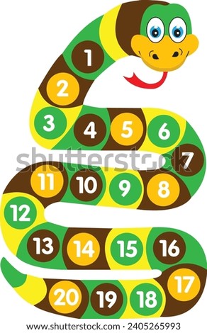 Comic snake with numbers and colors. Illustration of a board game shaped like a viper. Vibora smiles with his tongue out on a white background. Green snake character