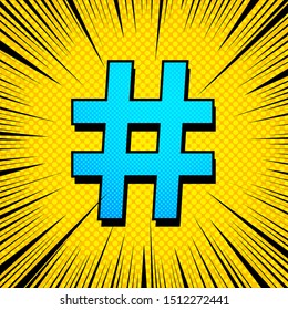 Concepto brillante de las redes sociales cómicas con el símbolo elegante azul de la etiqueta y los efectos punteados de los rayos en el fondo amarillo. Ilustración vectorial