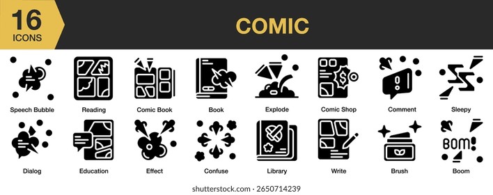 Comic solid icon set. Includes comic, design, cartoon, frame, retro, art, and More. Solid icons vector collection.