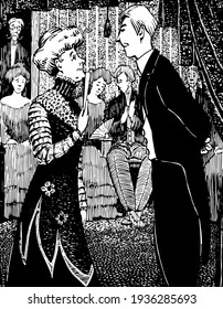 Comic Songs, this scene show a man and woman singing song together facing towards each other, other people sitting behind them,  vintage line drawing or engraving illustration