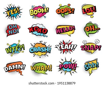 Comic Sound Bubbles. Cartoon Action Words, Boom, Oops And Pow, Yes And Oh, Lol. Retro Comic Book Text Bubbles With Halftone Vector Set. Expression Of Emotions In Pop Art Style Elements